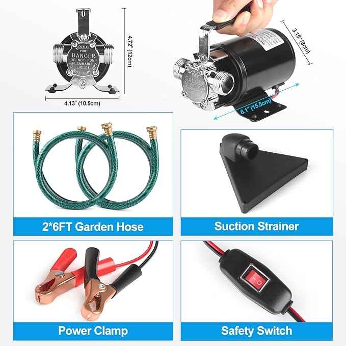 12 Volt Water Pump, Portable Transfer Pump, 330GPH Larger Flow, 1/10HP Electric Utility Pump with On/Off Switch, 2 * 6’ Water Hose Kit for Garden Pools Aquariums Hot Tub