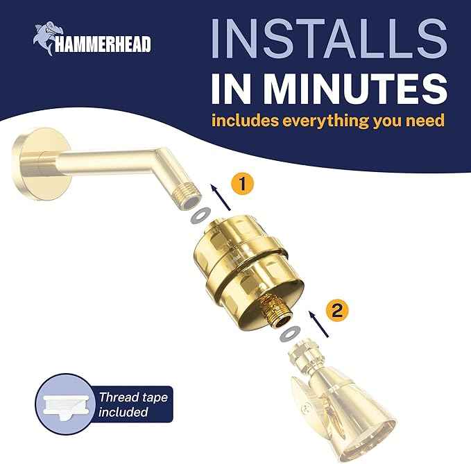 HammerHead Showers® Solid Metal Shower Head Filter – KDF 55 Shower Filter, High Pressure Universal Shower Filters to Remove Toxic Chemicals – Removes Chlorine and Heavy Metals – Polished Brass