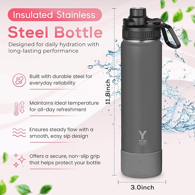 Y TOP 24oz Insulated Water Bottle Leak Proof Spout Lid Fits in Car Cup Holder – Double Wall Dishwasher Safe Easy Clean stainless steel drinking water bottle for Gym Kids Sports Travel Hiking School