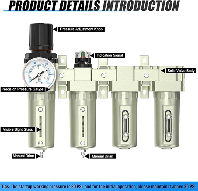 4 Stage Heavy Duty Industrial Grade 3/4" NPT Air Drying System For Plasma Cutter and Paint Spray, Coalescing Filter,Particulate Filter,Double Desiccant Dryer and Air Regulator,Manual Drain - AquaVibe