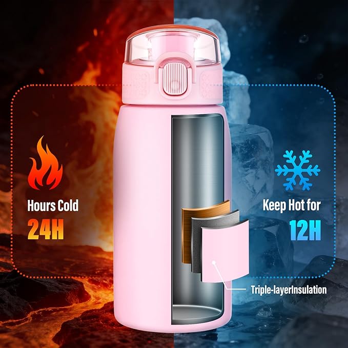 Insulated Water Bottle 12 oz with Dustproof Lid, Carry Handle & Tea Infuser, BPA-Free & Leakproof, Stainless Steel Water Bottles Ideal for Fitness, Hiking, Office & Outdoor Use （Water Pink ）