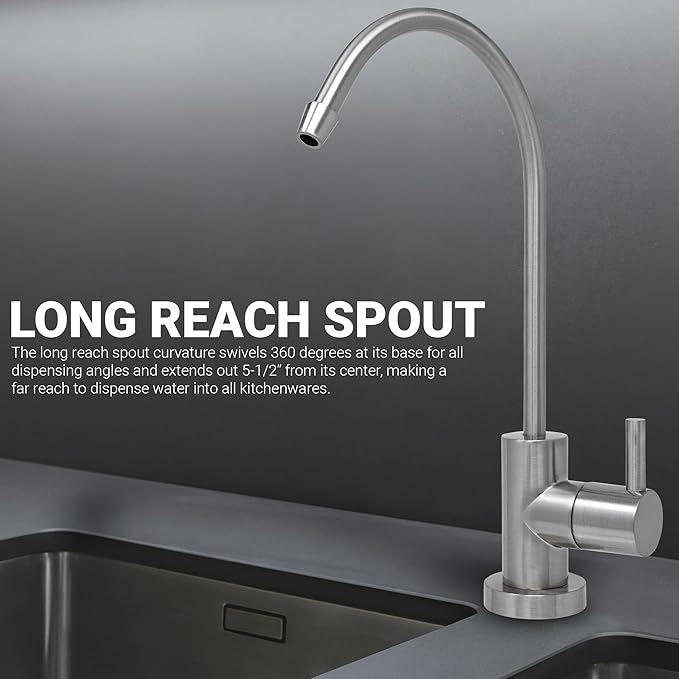 Non Air Gap RO Drinking Water Filtration System Water Dispenser Spout (Brushed Nickel) Euro Style with Drinking Water Faucet Wrench. NSF Certified.