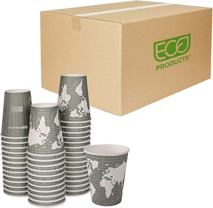 ECO PRODUCTS Compostable Disposable Insulated World Art 12oz Coffee Cups, Case of 600, Renewable Double-wall Hot Paper Cup, Plant Based PLA Lining, No Sleeves Needed, Color Coded