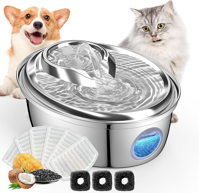 ORSDA Stainless Steel Cat Water Fountain, Automatic Pet Drinking Fountain, 100oz/3L Dog Water Dispenser with LED Water Level Window- 9Pcs Filters（ D66