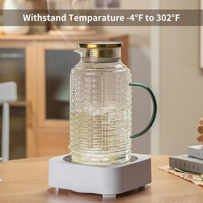 Glass Pitcher with Lid, 2 PACK 84 oz/2.5 Liter Vintage Water Pitcher, Clear Borosilicate Glass Water Carafe for Cold Brew, Coffee, Lemonade, Iced Tea,Beverage, Heat Resistant Water Glass Jug