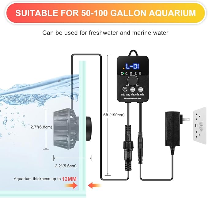 2100GPH Aquarium Wave Maker with Controller Mini DC 24V 12W Powerhead with Magnetic Mounting, Wavemaker with LED Display for 50 to 100 Gallon Tank - AquaVibe
