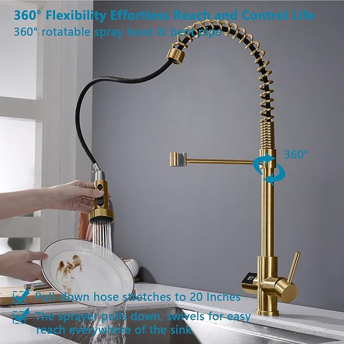 Kitchen Faucet with Temperature Digital Display, 304 Stainless Steel Kitchen Sink Faucets with Pull Down Sprayer and 3 Modes, 360 Rotatable Pull Out Kitchen Faucet, Brushed Gold