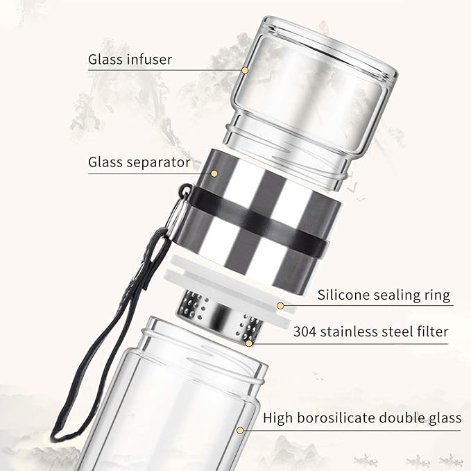 PARACITY Glass Tea Infuser Bottle Tea Flood Cup Double Wall Borosilicate Portable Travel Tumbler Mug Leakproof for Loose Leaf Flower Herbal Tea Bags 13 OZ/380ML