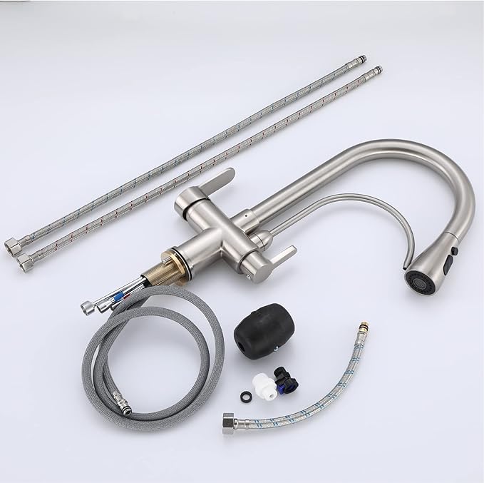 HUAHUALALA Kitchen Sink Faucet with Pull Down Sprayer 2 Handle 3 in 1 Water Filter Purifier Faucets, Brass Drinking Water Faucet Reverse Osmosis Brushed Nickel