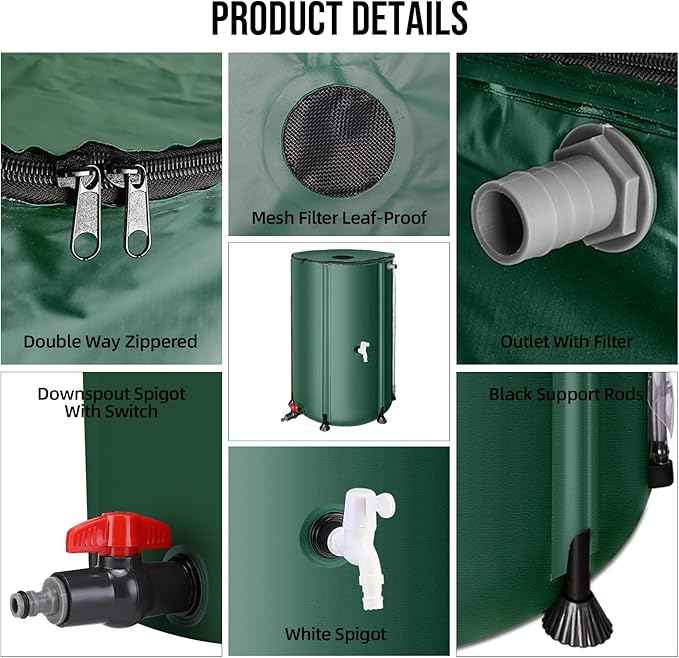 Collapsible Rain Barrel Water Collection System - 100 Gallon Portable Water Storage Tank,Foldable Rainwater Collect System Downspout, Water Catcher Container with Filter, Spigots＆Overflow Kit,Green