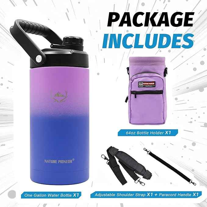 NATURE PIONEOR 64 oz Insulated Water Bottle - Double Vacuum Stainless Steel Half Gallon Water Jug with Holder/Carrier, Wide Mouth, Outdoor Sports, Hiking, Camping, Gym