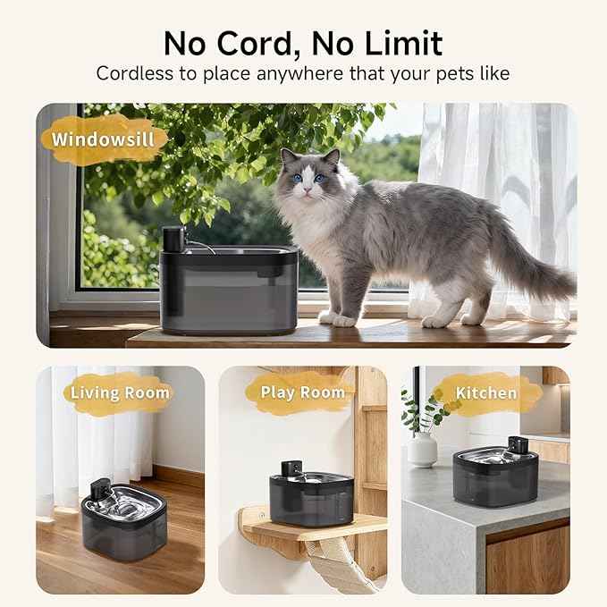 Cat Water Fountain Cordless: Battery Operated 118oz/3.5L Pet Water Fountain for Cats Indoor with Motion Sensor, Cat Drinking Fountains with Stainless Steel Tray, Ultra Quiet, Easy-to-Clean