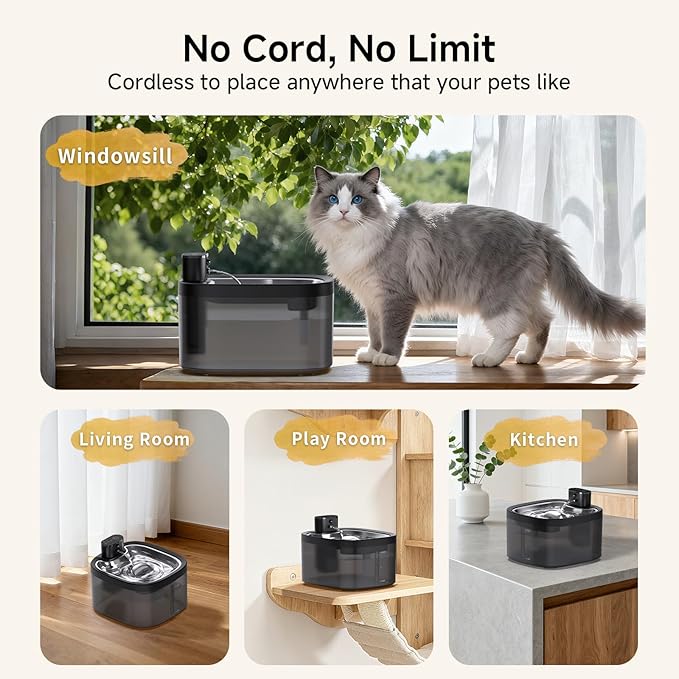 Cat Water Fountain Cordless: Battery Operated 118oz/3.5L Pet Water Fountain for Cats Indoor with Motion Sensor, Cat Drinking Fountains with Stainless Steel Tray, Rechargeable (8Filters)