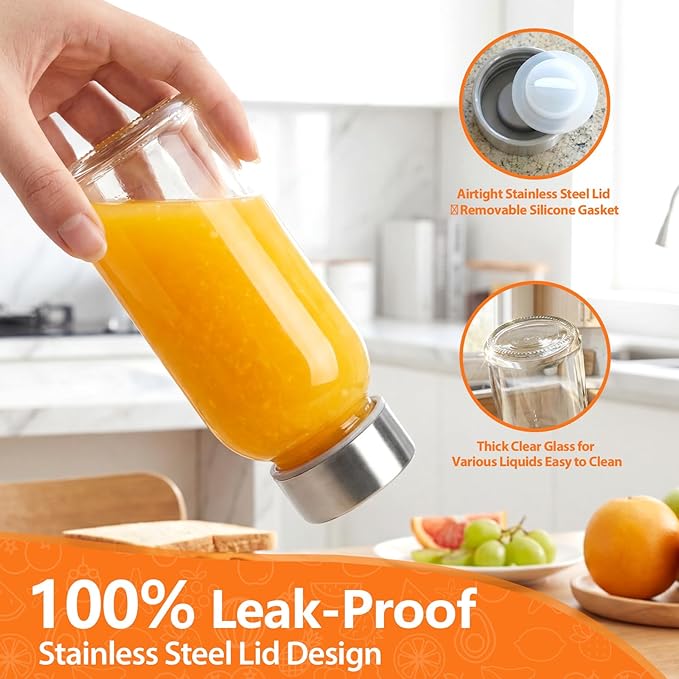 Luxfuel 8 oz Glass Water Bottles with Lids, 4 Pack Small Glass Juice Bottles with Stainless Steel Caps & Funnel, Leak-Proof Containers for Juicing, Milk, Ginger Shots, Smoothies, Wellness Drinks