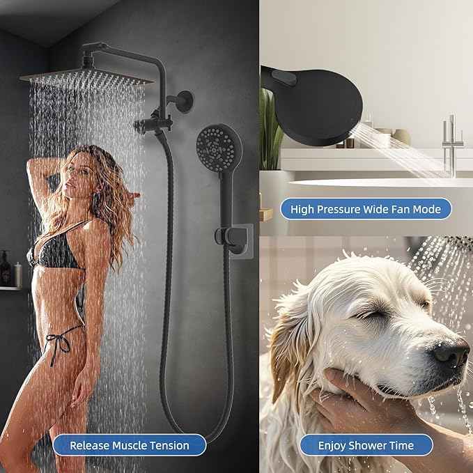All Metal Shower Head, 10" High Pressure Rainfall/Handheld Shower Combo with 11" Extension Arm, 10-Spray Handheld Showerhead, 71" Long Hose, 3-Way Diverter Valve, Oil Rubbed Bronze