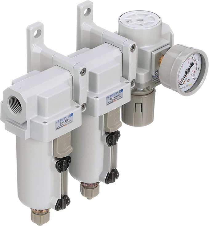 PneumaticPlus SAU430-N06G-MEP Three Stage Air Drying System Particulate Air Filter, Coalescing Filter, Air Pressure Regulator Combo 3/4" NPT - Metal Bowl, Manual Drain, Bracket, Gauge - AquaVibe