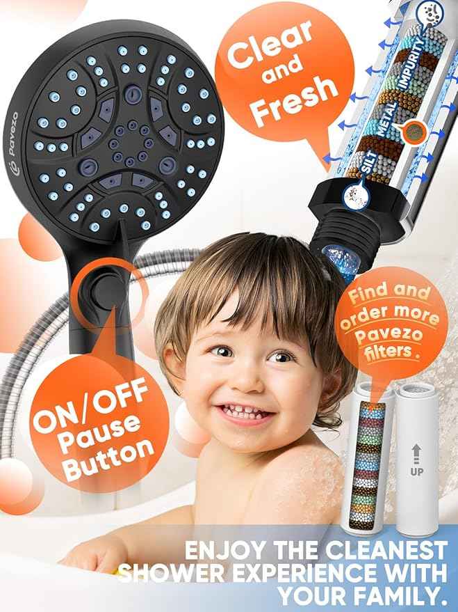 Pavezo® High Pressure Handheld Shower Head with Filter, ON/OFF Switch Pause Button, 10-mode Shower Head with Hard Water Softener Filters, SS Hose, Anti-clog & Powerful to Clean Tile & Pets, Black
