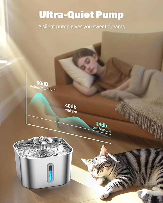 Cat Water Fountain Stainless Steel with 4 Filters & 4 Sponges, 74oz/2.2L Automatic Pet Drinking Fountain, Indoor Water Dispenser for Cats, Kittens, Small Dogs and Pets, Quiet Circulating Pet Fountain