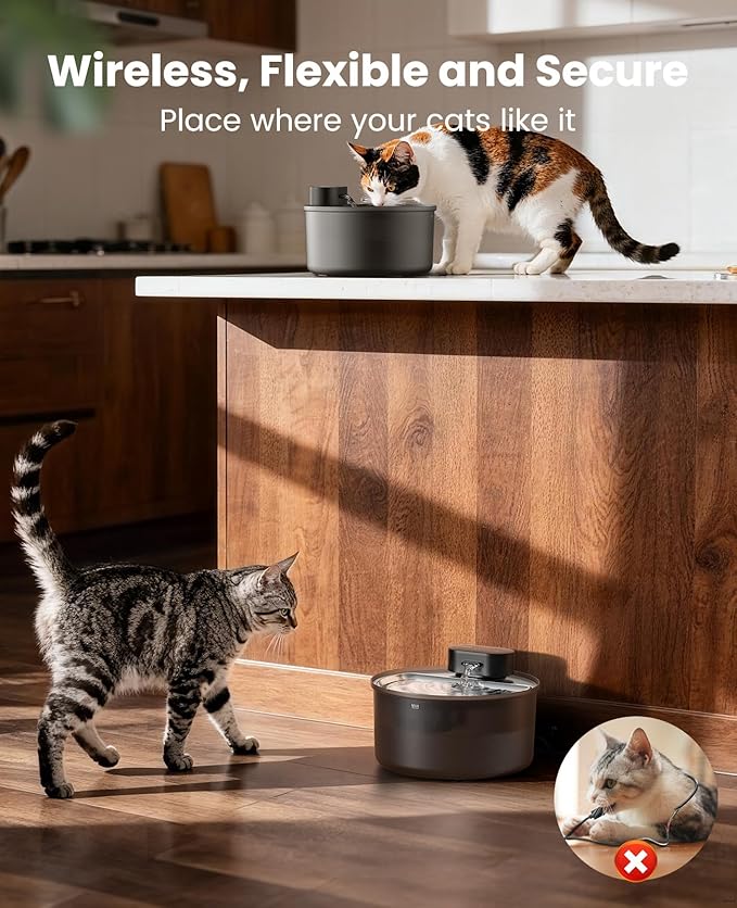 oneisall Cat Water Fountain Stainless Steel Tray: 108oz/3.2L Wireless Pet Fountain for Cats Indoor, Rechargeable Battery Operated Automatic Cordless Water Dispenser for Drinking, Ultra Quiet, BPA-Free
