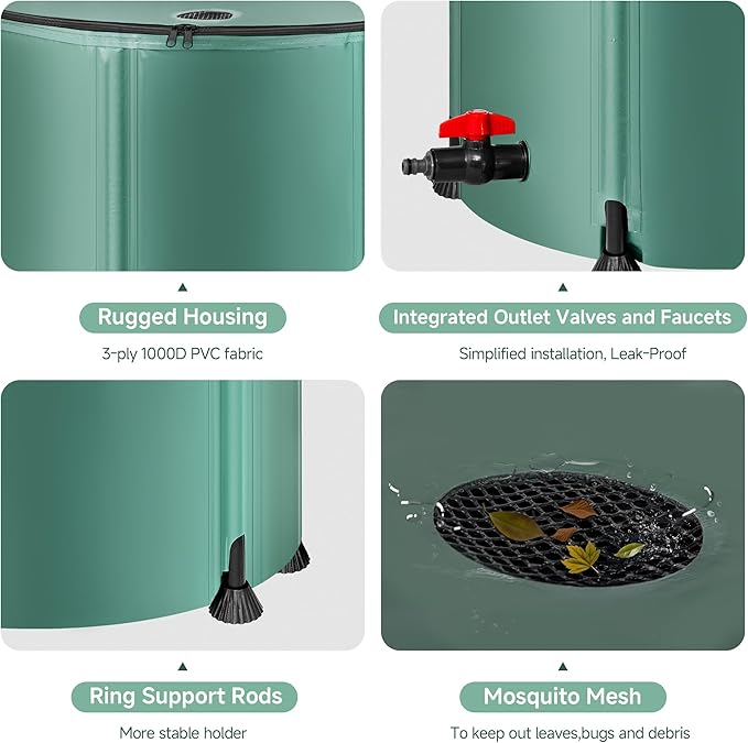 Collapsible Rain Barrel Water Storage Containers-53 Gallon Portable Rainwater Collect System Water Tank to Collect Rainwater from Gutter Downspout Water Catcher with Spigots,Filter＆Overflow Kits