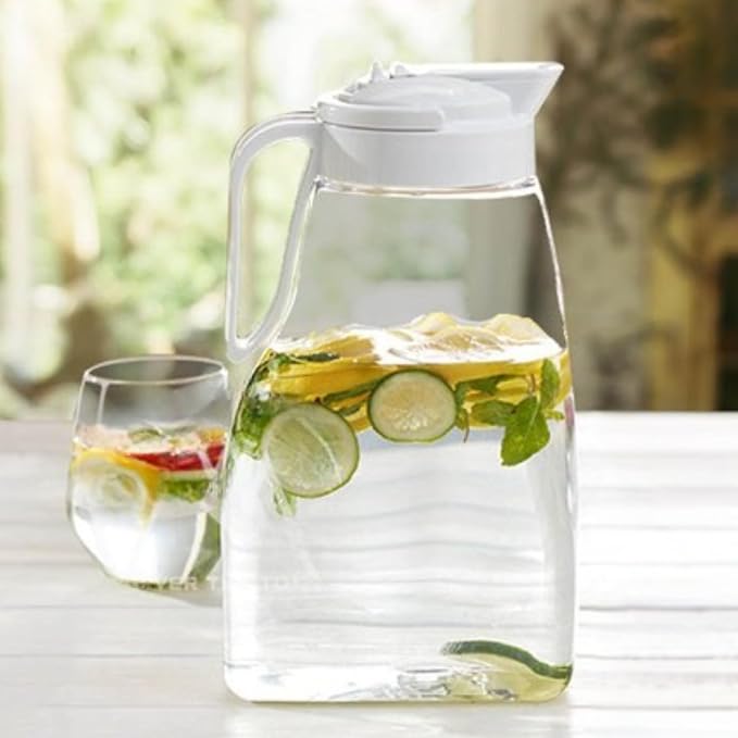 LargePour Airtight Pitcher with Lid, 3.1QT (99oz) – Leakproof Large Water Jug for Tea, Coffee, Juice & More, Top Handle, Locking Spout, Space-Saving, Easy Pour, Dishwasher Safe, Made in Japan