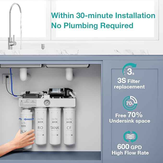 SimPure T2-600A Alkaline Reverse Osmosis Water Filter System, NSF/ANSI 58 Certified, Built-in Pressure Tank Filter, UV, 600 GPD 8 Stage RO Filtration with Mineral, 2:1 Pure to Drain Ratio