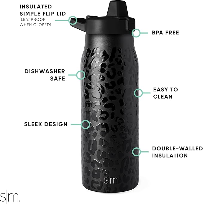 Simple Modern Filtered Water Bottle | Insulated Stainless-Steel Carbon Filter Travel Water Bottles | Reusable for Clean Drinking Water On The Go | 34oz, Black Leopard
