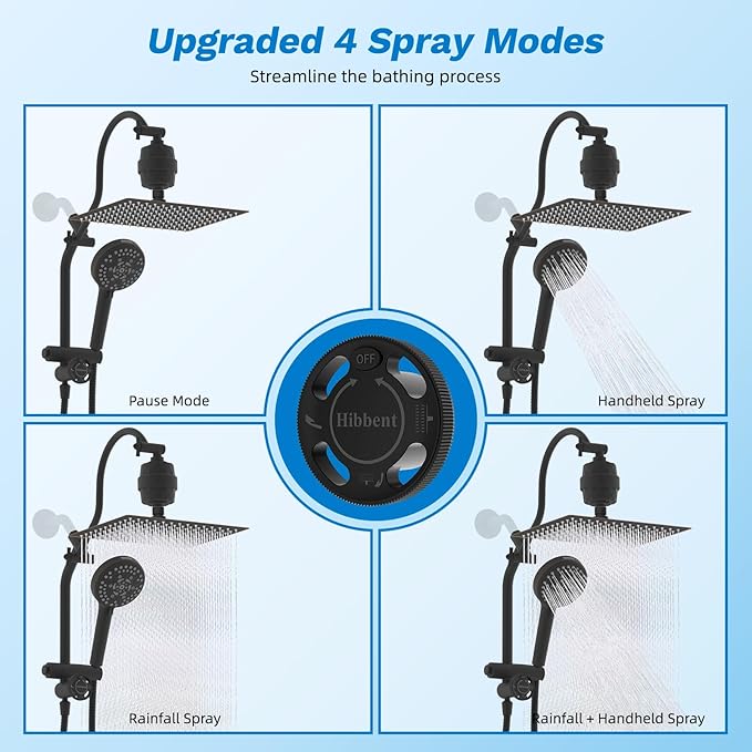 Hibbent Dual Filter All Metal 12" Rainfall Showerhead Combo, High Pressure Filter Shower Head with 10-Spray Handheld, 4-way Diverter with Pause Mode, 71'' Shower Hose and Holder, Oil Rubbed Bronze
