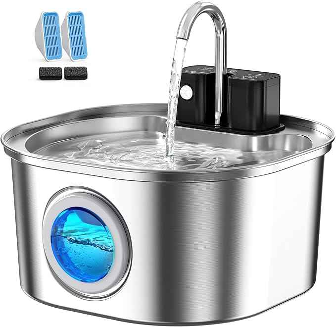 Voluas Stainless Steel Cat Water Fountain: 108oz/3.2L Wireless Cat Fountain Battery Operated for Drinking Indoor, Automatic Pet Water Dispenser Bowl with Ultra Quiet Pump, Easy Clean BPA-Free, 2Filter