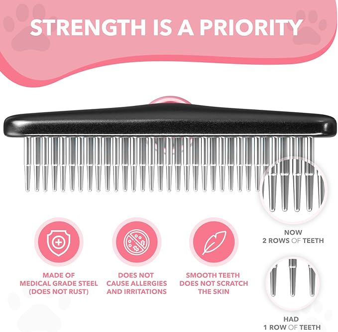 Dog rake deshedding dematting Brush Comb - Undercoat rake for Dogs, Cats, matted, Short,Long Hair Coats - Brush for Shedding, Double Row Stainless Steel pins - Reduce Shedding by 90% (Pink) - AquaVibe