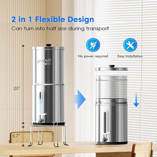 Purewell Upgraded 9-Stage Gravity Water Filter System with Water Level Window, 0.01μm Ultra-Filtration Countertop System with 2 Filters and Stand, Reduce Fluoride & Chlorine, 2.25G, PW-FH-CF