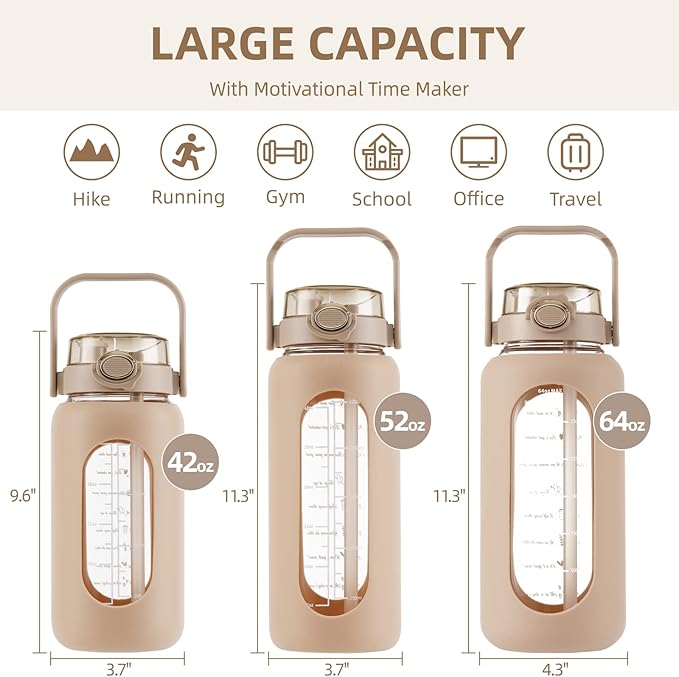 SIEROZUR 64 oz Glass Water Bottle with Straw and Handle Lid Half Gallon Motivational Glass Bottle with Silicone Sleeve and Time Marker Large Reusable Sports Water Jug for Gym Home Workout