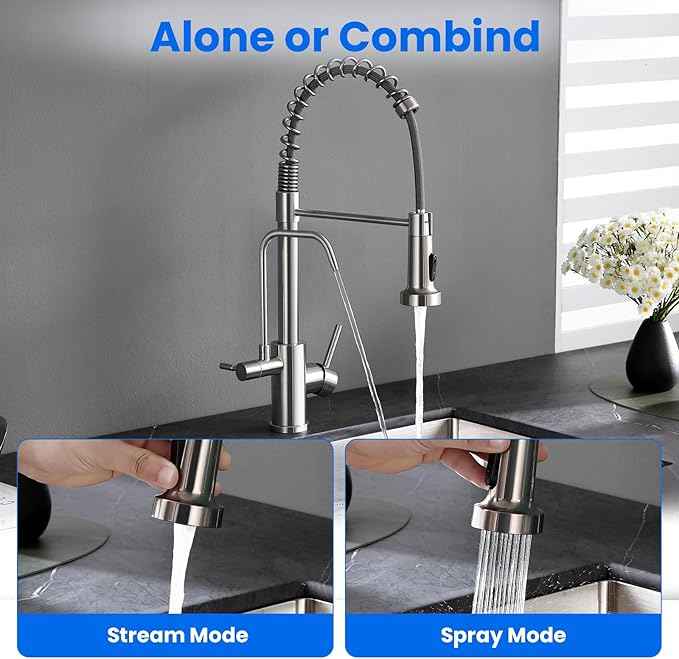POPFLY Kitchen Faucet with Drinking Water Faucet, 3 in 1 Pull Down Faucet with Purfied Water Faucet, 2 Handle Spring Kitchen Water Filter Faucet, Brushed Nickel