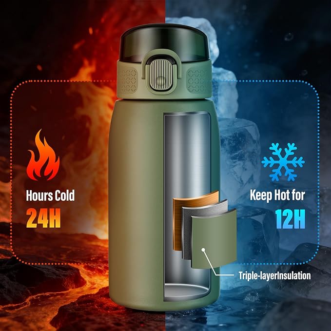 Insulated Water Bottle 12 oz with Dustproof Lid, Carry Handle & Tea Infuser, BPA-Free & Leakproof, Stainless Steel Water Bottles Ideal for Fitness, Hiking, Office & Outdoor Use （Olive Green ）