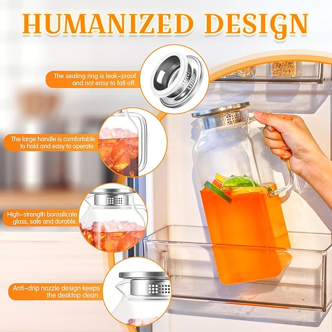 Nuogo 2 Pack 2 Liters/68 oz Square Glass Pitcher with Lid Spout Handle Water Pitcher Borosilicate Glass Carafe for Tea and Coffee Beverage Serveware Milk Water Juice Jug for Hot/Cold Drinks with Brush