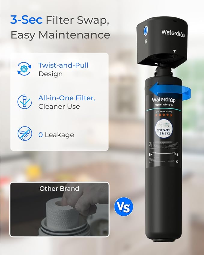 Waterdrop RF15 Replacement Filter Cartridge for 15UA/15UB/15UC Under Sink Water Filter, Reduces PFOA/PFOS, PFAS, Lead, Chlorine, Bad Taste & Odor, NSF/ANSI 42 Certified, 19K Gallons High Capacity
