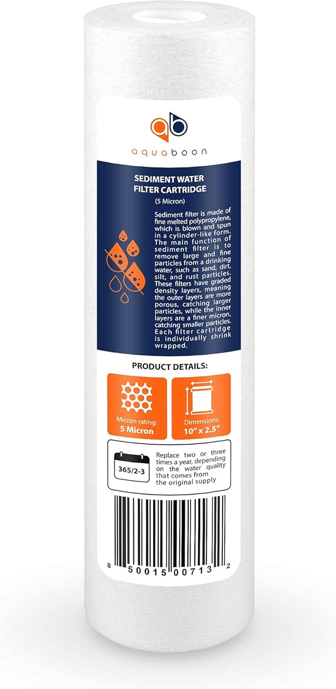 Aquaboon 5 Micron 10 x 2.5 Sediment Filter - Whole House Water Filter Replacement Compatible with Well Water Filters - P5, AP110, WHKF-GD05, 6 Pack