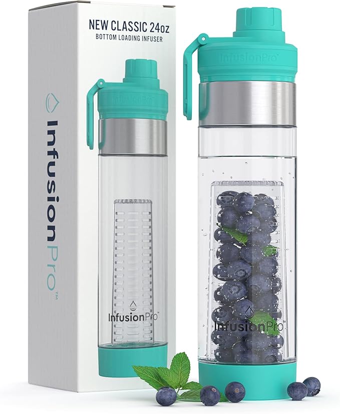 Infusion Pro 24 oz Fruit Infuser Water Bottle with Twist Cap Lid : Insulated Sleeve & Infused Water Recipe eBook : Bottom Loading Water Infuser for More Flavor : Unique Gift Idea (Blue Jade, 1-Pack)