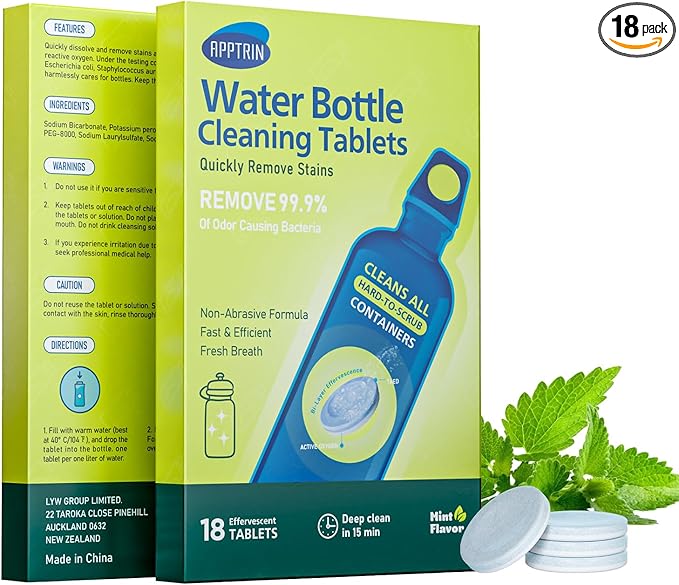 Water Bottle Cleaning Tablets, 18 Pack Bottles Clean Tablet Hydration Bladder Cleansing Tablets for Hydration Bladder, Water Bottle, Individually Packed, Mint Flavor