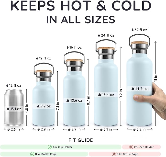 Bambaw 32 oz Water Bottle, Insulated Stainless Steel Water Bottle with Wide Mouth, Made of High-Grade Stainless Steel, Portable with Handle, Great for Travel, Gym & Work (Ice Blue)