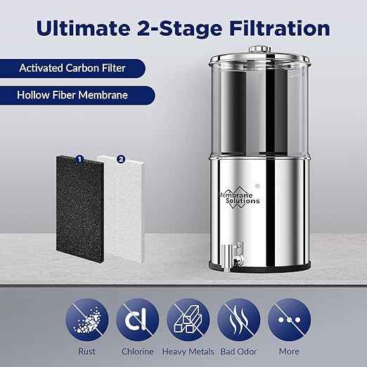 Membrane Solutions Stainless Steel 2.25G Gravity Water Filter, Countertop Water Filtration System with 3 Pack 0.1-Micron UF Filters, for Home, Camping, and RVing