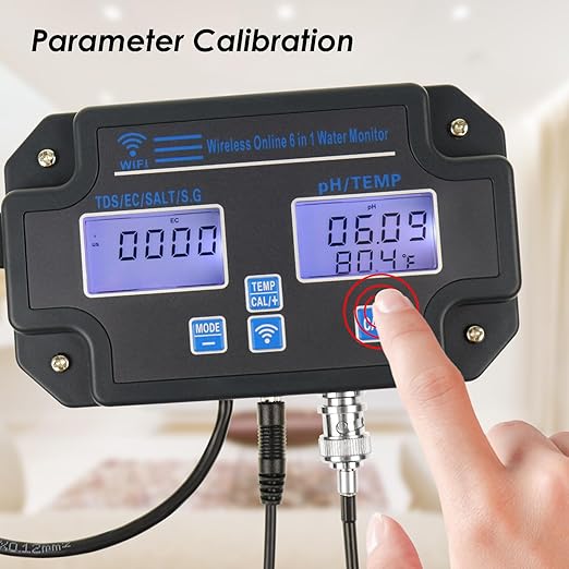 Professional 6-in-1 Water Quality Monitor Tests pH, TDS, EC, Salinity, SG, Temperature Wi-Fi Smart Sensor with App & Data Logging for Aquarium, Fish Pond, Hydroponics