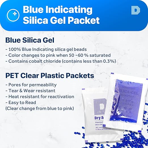 Dry & Dry 5 Gram [100 Packets] Blue Indicating(Blue to Pink) Silica Gel Packets Desiccants Silica Gel Packets - Rechargeable Silica Packets, Silica Gel, Silica Gel Packs