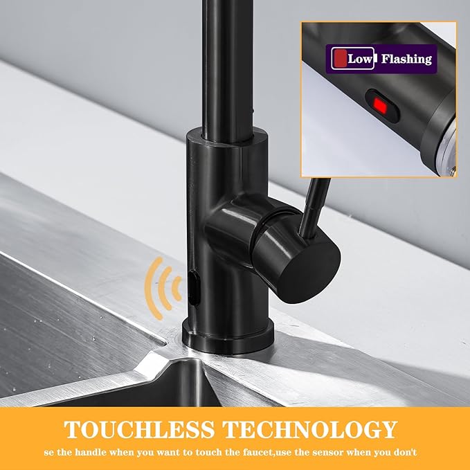 Black Touchless Infrared Sensor Kitchen Faucet with Pull Down Sprayer - Stainless Steel Single Handle Motion Sensor