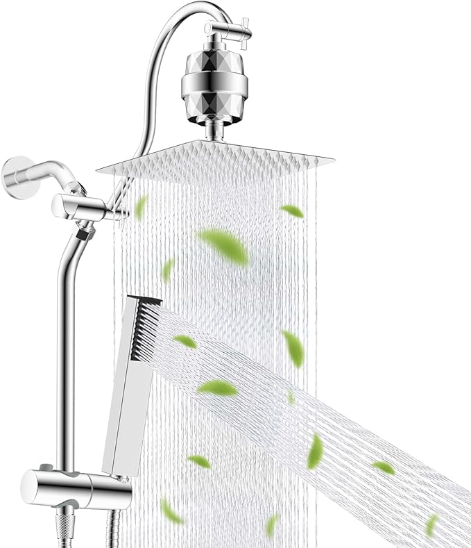 Hibbent All Metal 10'' Filtered Rainfall Shower Head, High Pressure Showerhead combo with 4-mode Handheld Spray, 12'' Extension Arm, Extension Bar with Holder, Shower Filter, Chrome