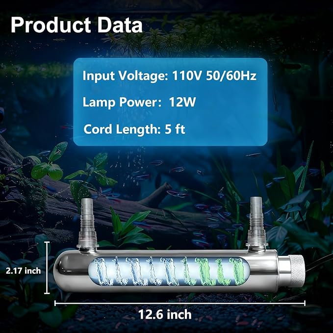 12W Inline Aquarium UV Light Clarifier for Koi Pond Small Pool Filter Cold Plunge UVC Light Stainless Steel Ultraviolet Green Clear Machine