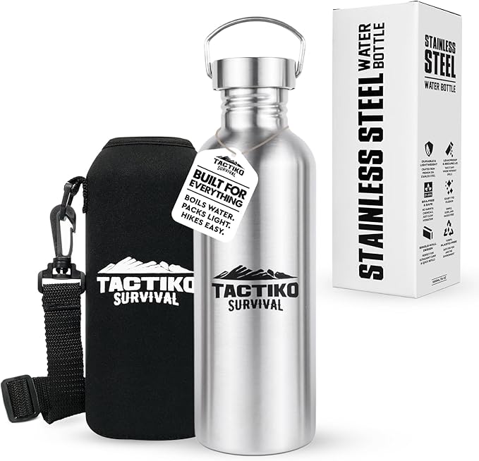 Tactiko Survival 34 oz/1000 ml Stainless Steel Wide Mouth Water Bottle, Single Wall Boil-Safe, Leakproof, BPA-Free with Carry Sleeve and Strap for Camping, Hiking, Outdoor Prep (Black)