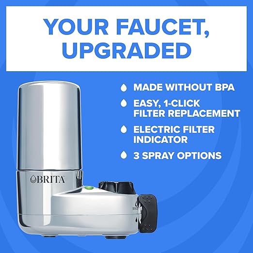 Brita Faucet Mount Water Filter System, Chrome, No-Wait Filtration, Easy Install, Multi-Use Tap Water Filter for Kitchens, Bathrooms & Small Spaces