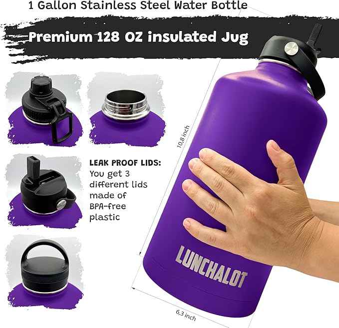 1 Gallon Water Bottle - 128 Oz Insulated Stainless Steel Metal Water Bottle with Holder - Carrying Bag - Spout Handle - Straw Lids - Keep Cold & Hot - Indigo Tactical Flask