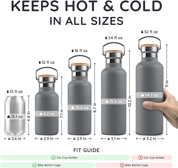 Bambaw 16 oz Metal Water Bottle, Insulated Stainless Steel Water Bottle, Fits in Cup Holder, Great for Hiking & Travel, Made of High-Grade Stainless Steel, Refillable & Reusable (Stormy Gray)